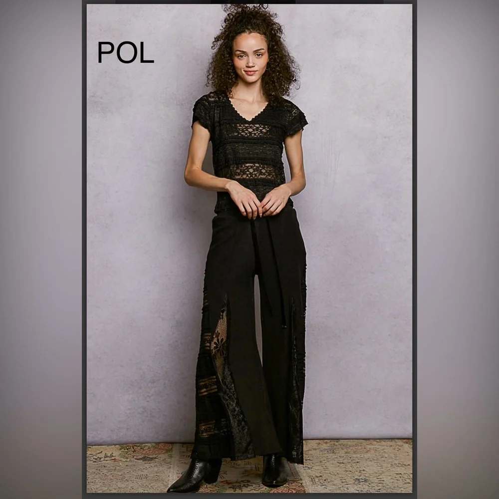 BPB217-9🖤NEW! POL spectacular black tie waist pants w/lace inset bottoms! wow! - Picture 5 of 7